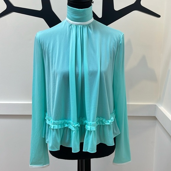 Miu Miu Tops - Miu Miu Teal High-Neck Ruffle Hem Long Sleeve Blouse